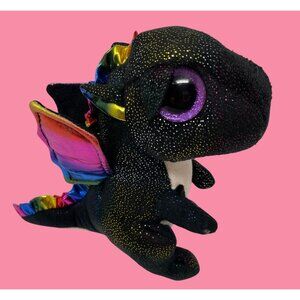 Ty Anora Beanie Boo Plush Dragon 6" Black Rainbow Wings Sparkle Accents Goth